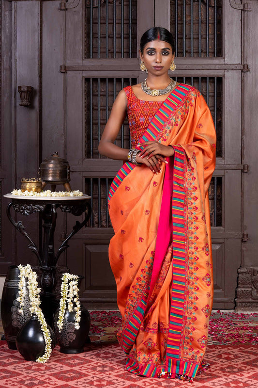 Handcrafted Bright Orange Silk Saree With Aari Embroidery