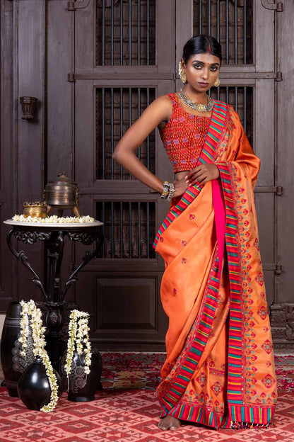 Handcrafted Bright Orange Silk Saree With Aari Embroidery