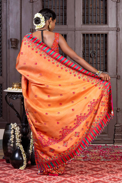 Handcrafted Bright Orange Silk Saree With Aari Embroidery