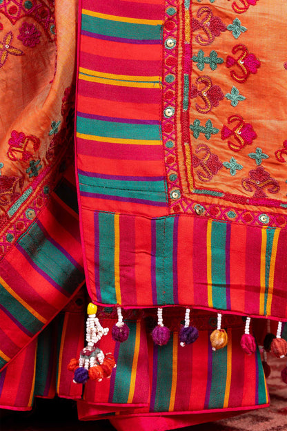 Handcrafted Bright Orange Silk Saree With Aari Embroidery