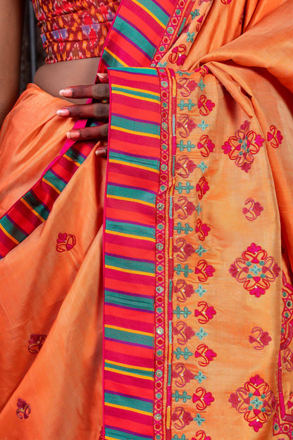 Handcrafted Bright Orange Silk Saree With Aari Embroidery