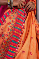 Handcrafted Bright Orange Silk Saree With Aari Embroidery