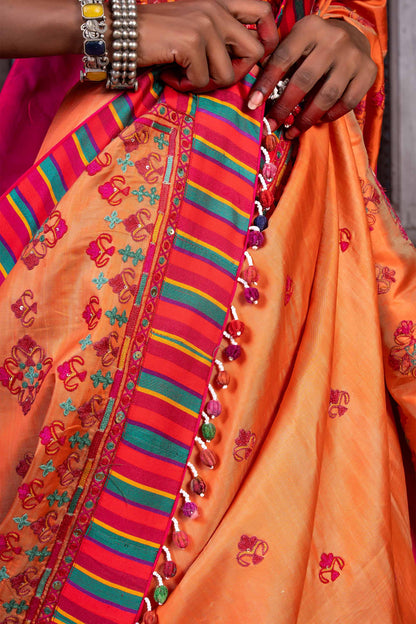 Handcrafted Bright Orange Silk Saree With Aari Embroidery