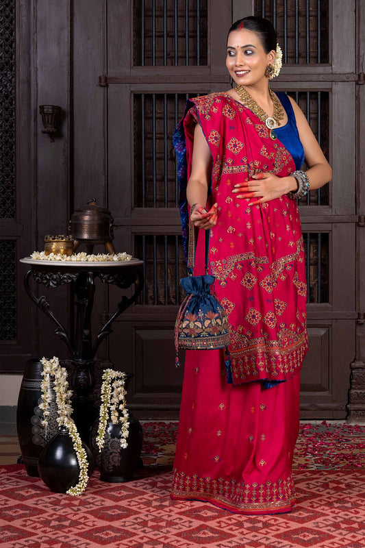 Handcrafted Pink Silk Saree With Intricate Multicolour Khat Embroidery