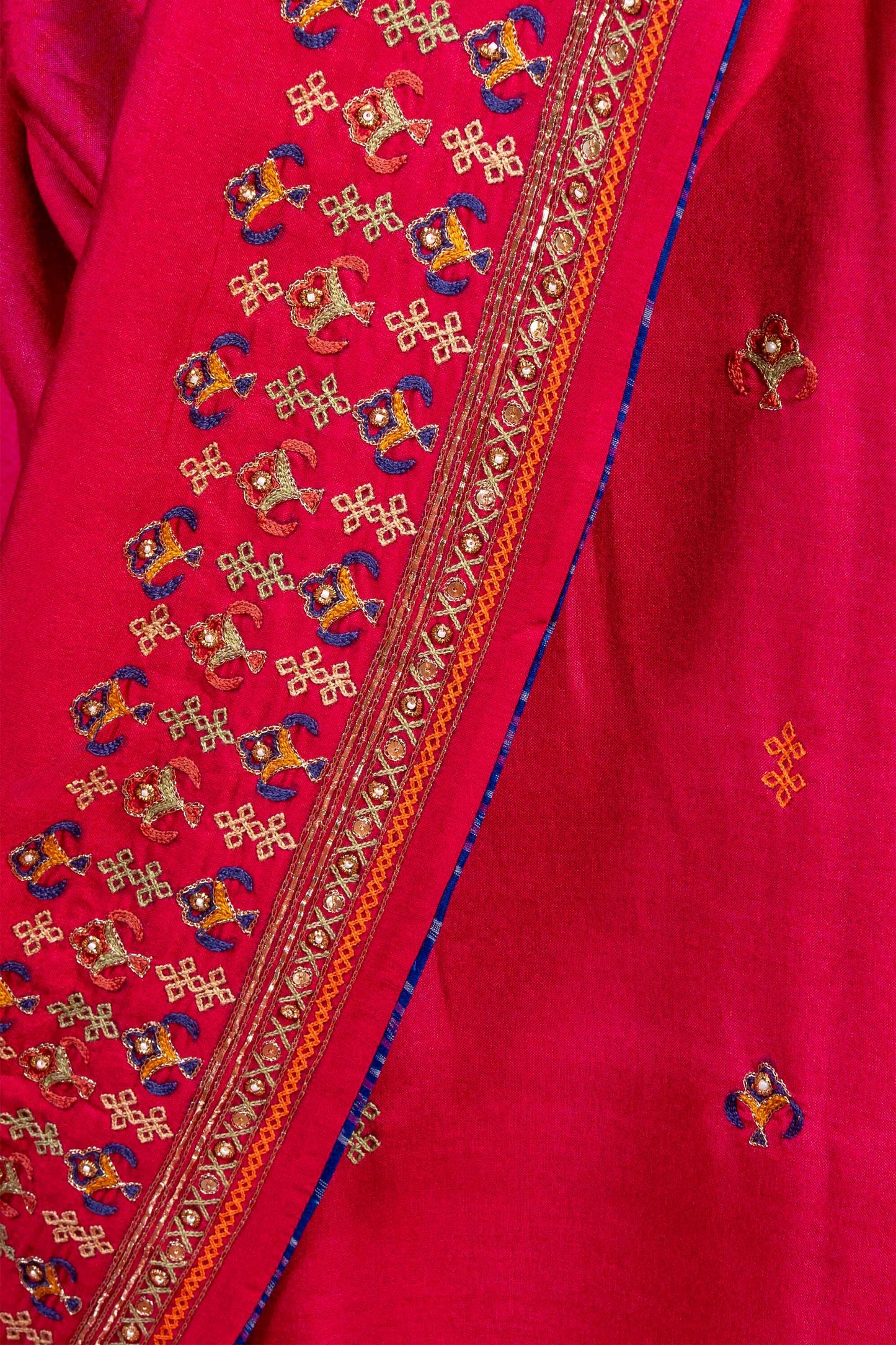 Handcrafted Pink Silk Saree With Intricate Multicolour Khat Embroidery