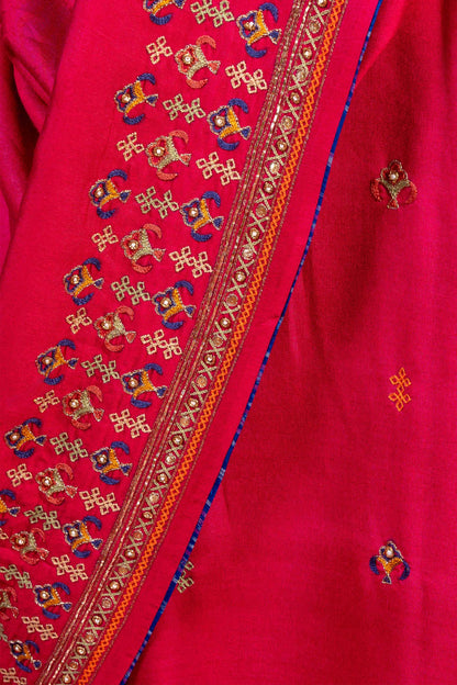 Handcrafted Pink Silk Saree With Intricate Multicolour Khat Embroidery