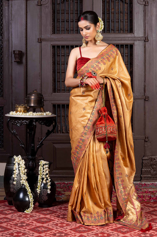 Handwoven Beige Tussar Silk Saree With Dharwadi Embroidery