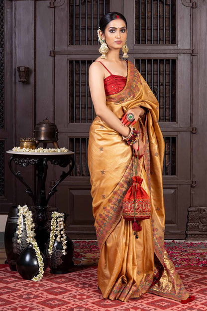 Handwoven Beige Tussar Silk Saree With Dharwadi Embroidery