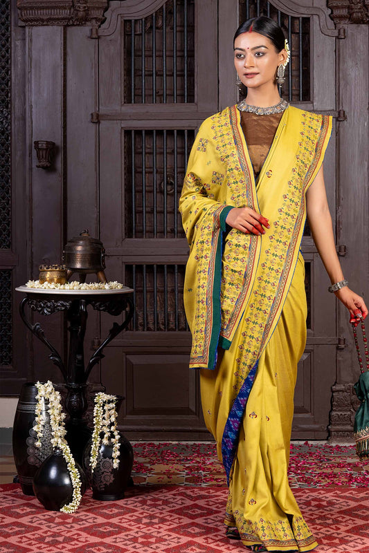 Handcrafted Green Silk Saree With Delicate Khat Embroidery