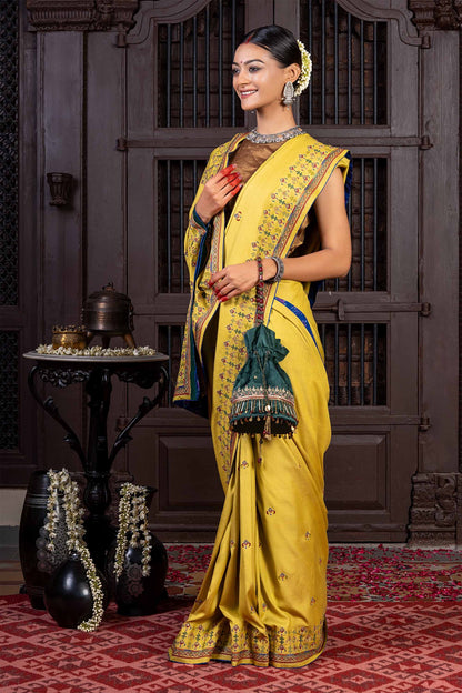 Handcrafted Green Silk Saree With Delicate Khat Embroidery