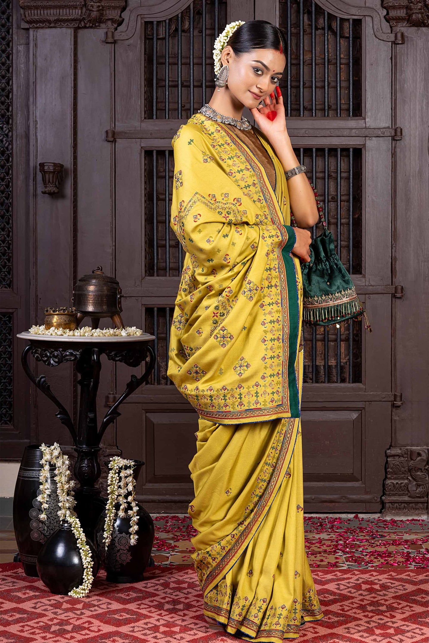 Handcrafted Green Silk Saree With Delicate Khat Embroidery