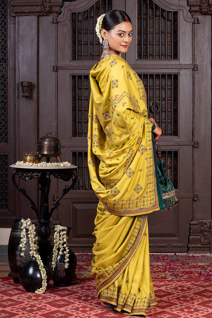 Handcrafted Green Silk Saree With Delicate Khat Embroidery