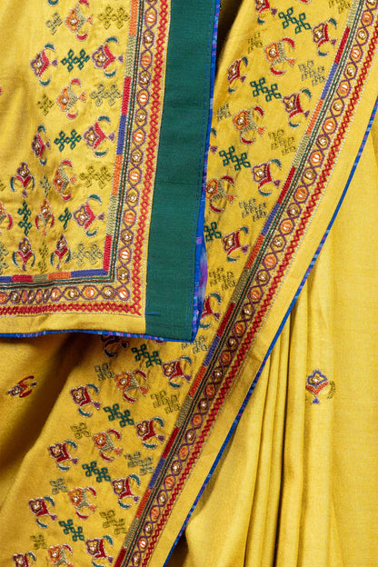 Handcrafted Green Silk Saree With Delicate Khat Embroidery