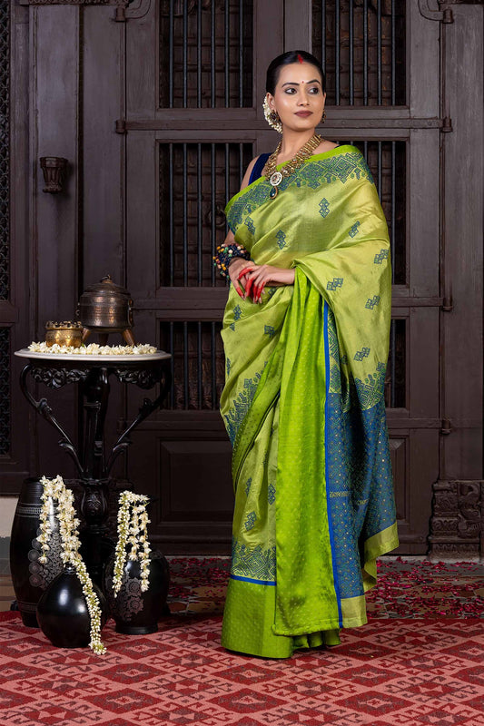 Handwoven Green Chanderi Silk Saree With Blue Highlights and Dharwadi Embroidery