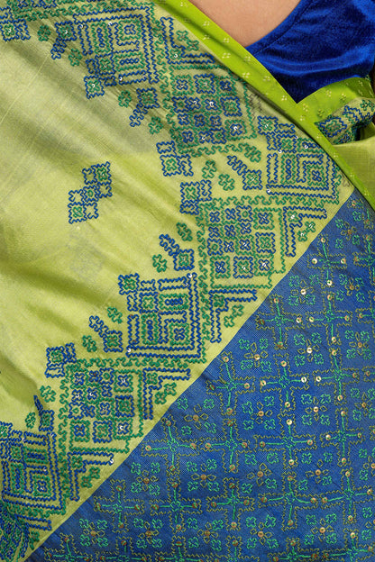 Handwoven Green Chanderi Silk Saree With Blue Highlights and Dharwadi Embroidery