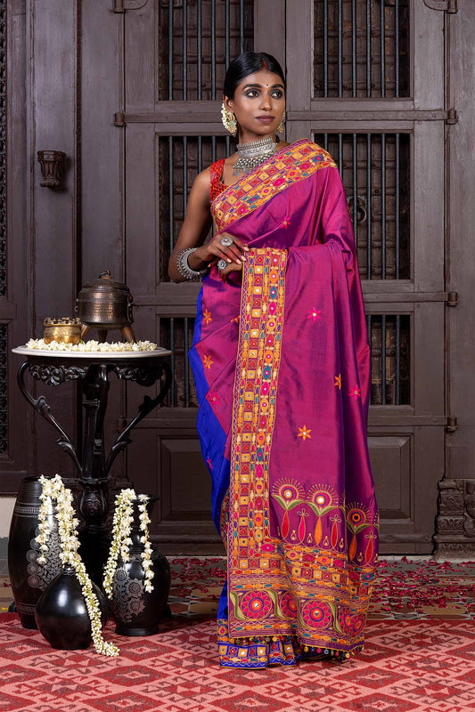 Handcrafted Purple and Blue Silk Saree With Heavy Multicolour Hand Embroidery