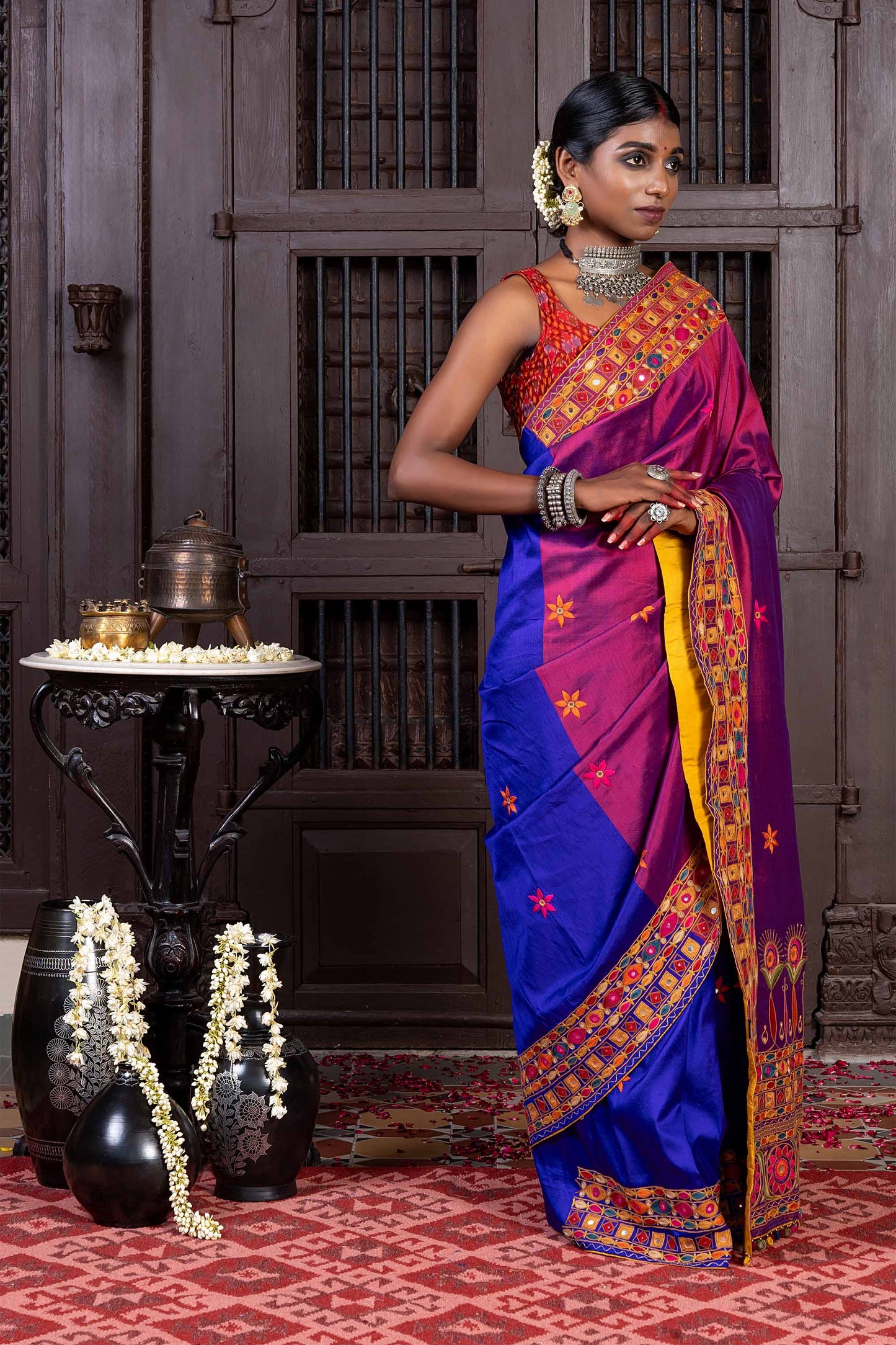 Handcrafted Purple and Blue Silk Saree With Heavy Multicolour Hand Embroidery