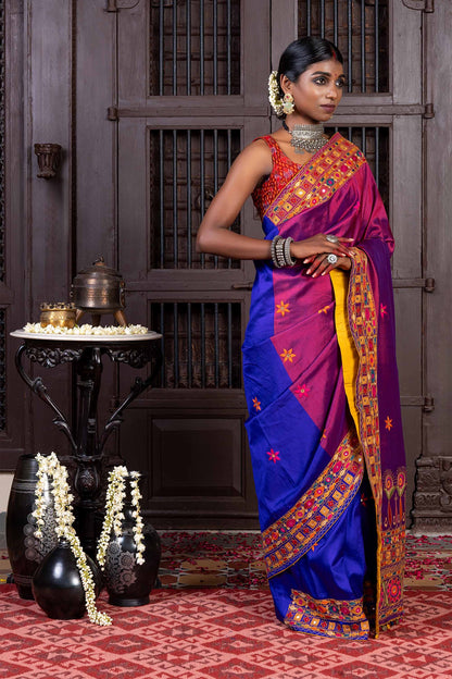 Handcrafted Purple and Blue Silk Saree With Heavy Multicolour Hand Embroidery