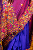 Handcrafted Purple and Blue Silk Saree With Heavy Multicolour Hand Embroidery