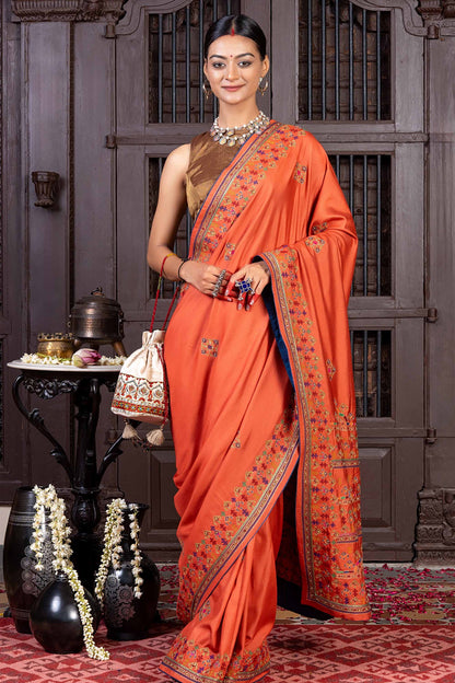 Handcrafted Orange Silk Saree With Fine Khat Embroidery