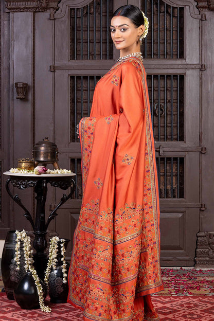 Handcrafted Orange Silk Saree With Fine Khat Embroidery