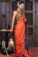 Handcrafted Orange Silk Saree With Fine Khat Embroidery
