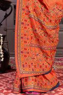 Handcrafted Orange Silk Saree With Fine Khat Embroidery
