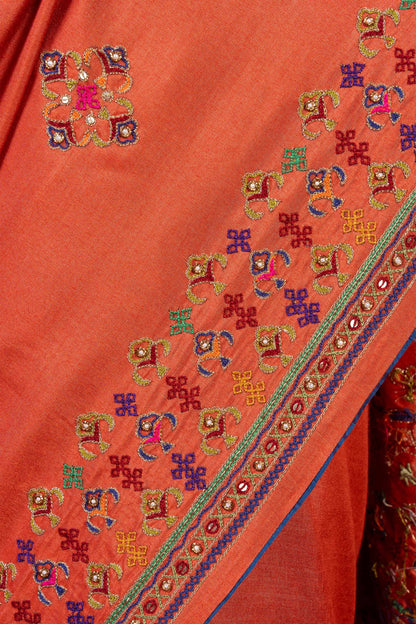 Handcrafted Orange Silk Saree With Fine Khat Embroidery