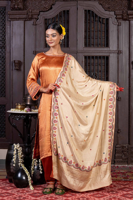 Handcrafted Beige Silk Dupatta With Delicate Rabari Embroidery