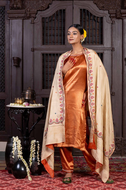 Handcrafted Beige Silk Dupatta With Delicate Rabari Embroidery