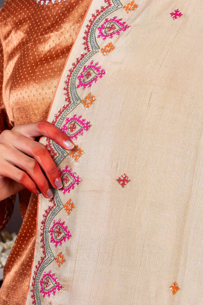 Handcrafted Beige Silk Dupatta With Delicate Rabari Embroidery