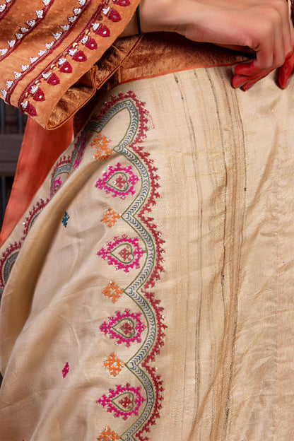 Handcrafted Beige Silk Dupatta With Delicate Rabari Embroidery