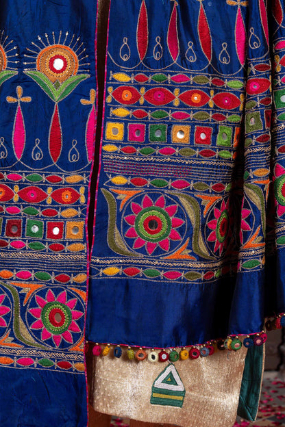 Handcrafted Dark Blue Silk Dupatta With Hand Work and Aari Embroidery