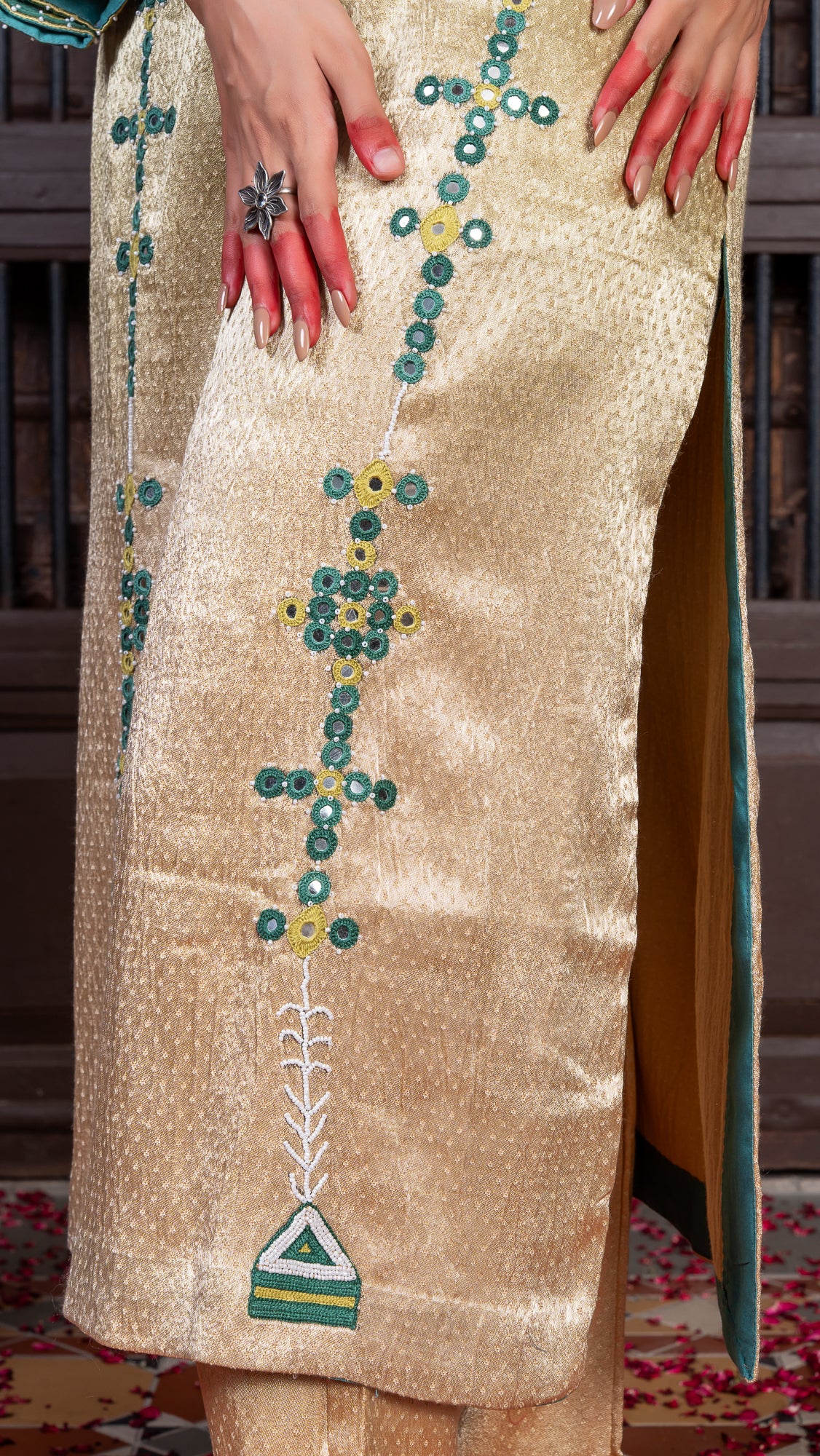 Ivory Mashru Kurta Set with Mirror-dotted Green Rabari Embroidery