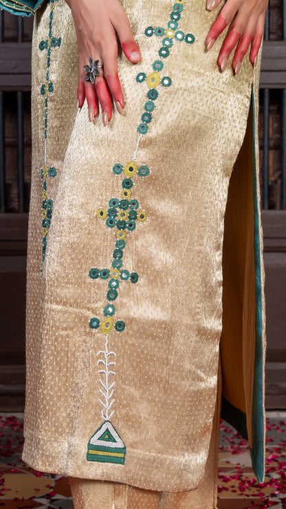 Ivory Mashru Kurta Set with Mirror-dotted Green Rabari Embroidery