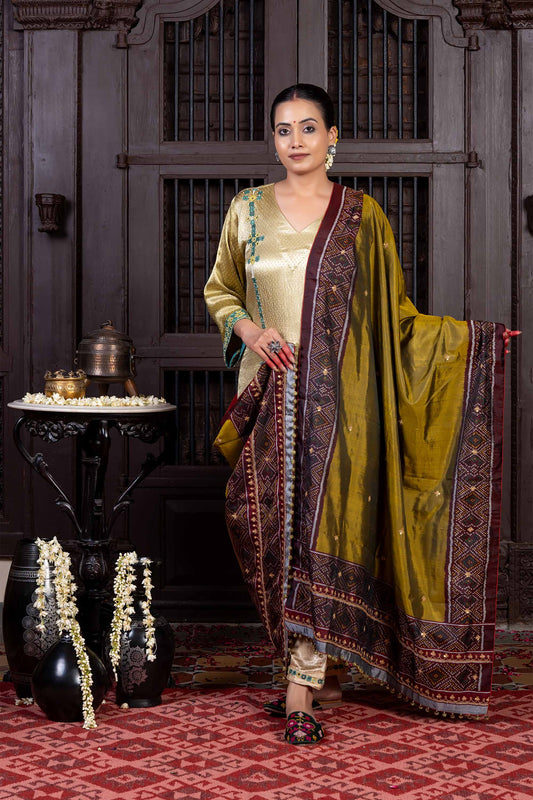 Handcrafted Olive-Mustard Patola Silk Dupatta With Khat Embroidery