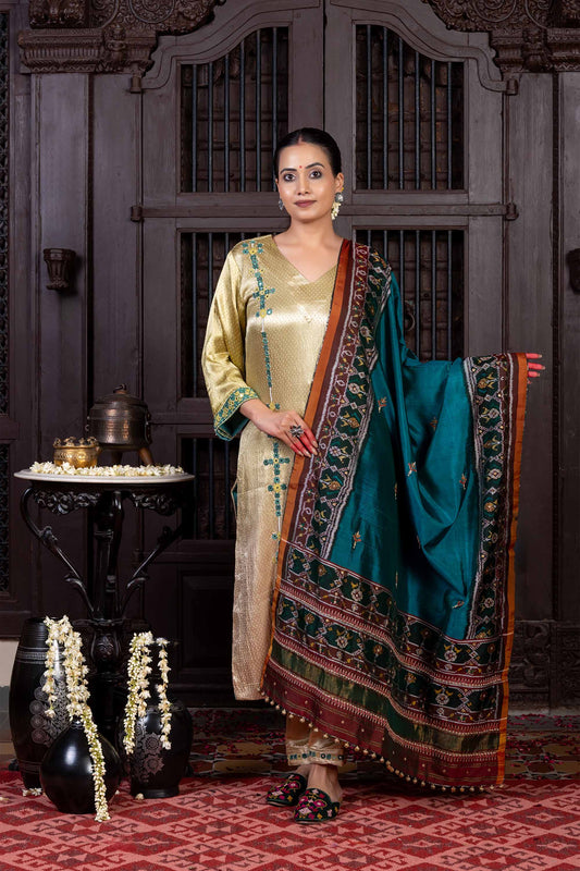 Handcrafted Deep Green Patola Silk Dupatta With Khat Embroidery