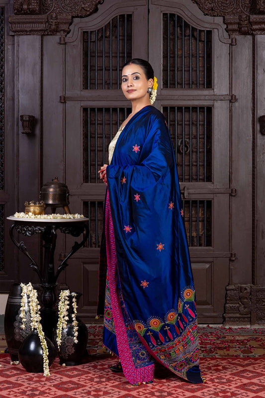 Handcrafted Dark Blue Silk Dupatta With Hand Work and Aari Embroidery