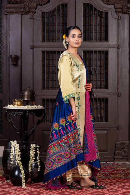 Handcrafted Dark Blue Silk Dupatta With Hand Work and Aari Embroidery