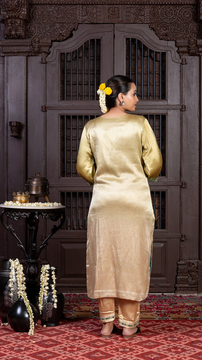 Ivory Mashru Kurta Set with Mirror-dotted Green Rabari Embroidery
