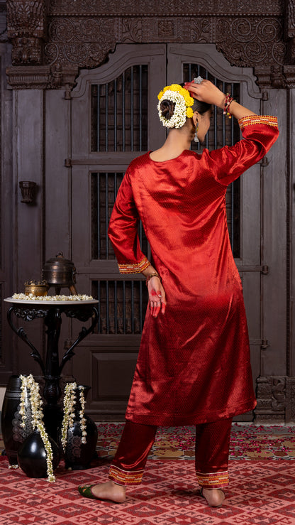 Maroon Mashru Kurta Set with Subtle Rabari Embroidery