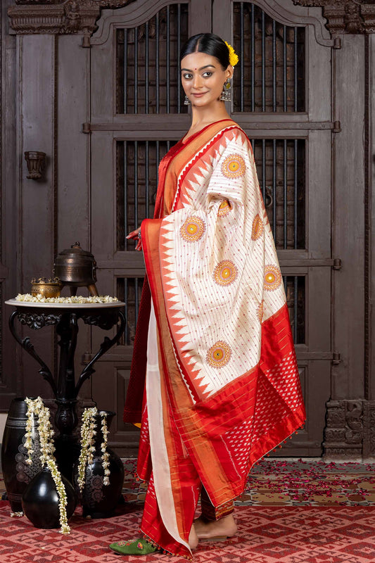 Handwoven White and Red Ikkat Silk Dupatta With Hand Embroidery