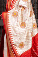 Handwoven White and Red Ikkat Silk Dupatta With Hand Embroidery