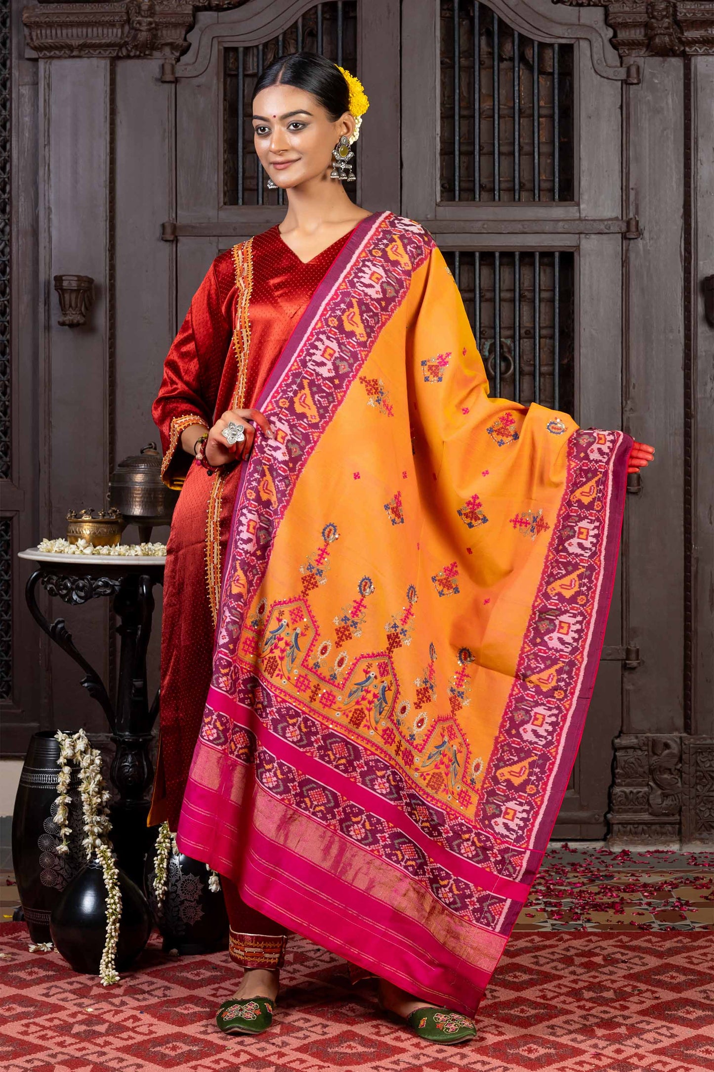 Handcrafted Orange Cotton Patola Dupatta With Rabari Embroidery