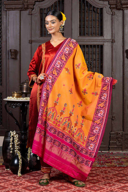 Handcrafted Orange Cotton Patola Dupatta With Rabari Embroidery