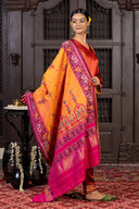 Handcrafted Orange Cotton Patola Dupatta With Rabari Embroidery