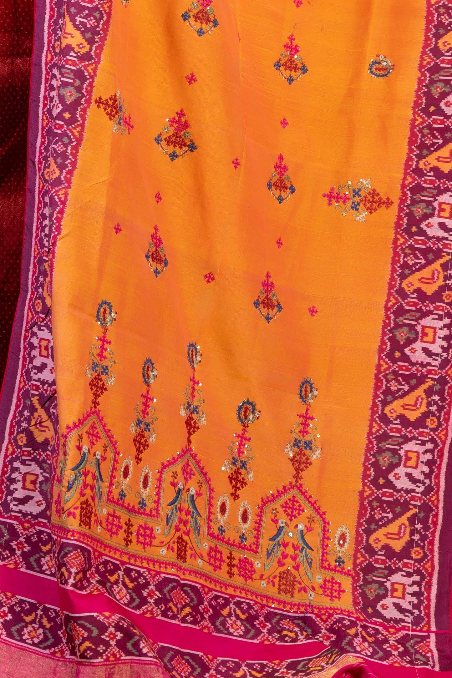 Handcrafted Orange Cotton Patola Dupatta With Rabari Embroidery