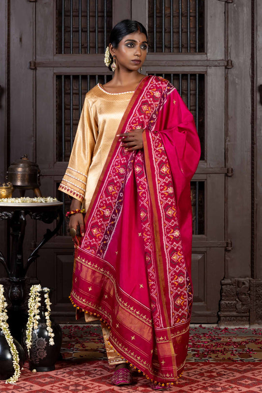 Handcrafted Pink Patola Silk Dupatta With Khat Embroidery