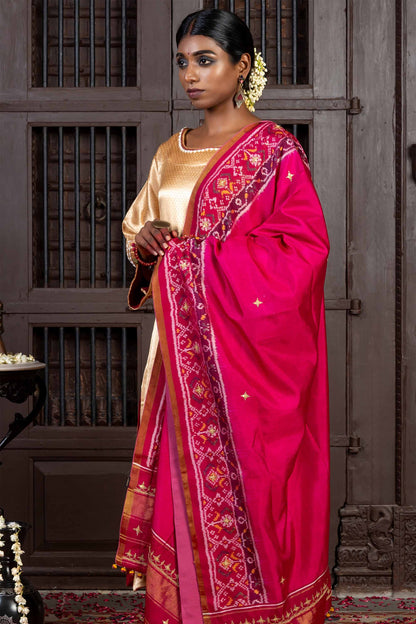 Handcrafted Pink Patola Silk Dupatta With Khat Embroidery