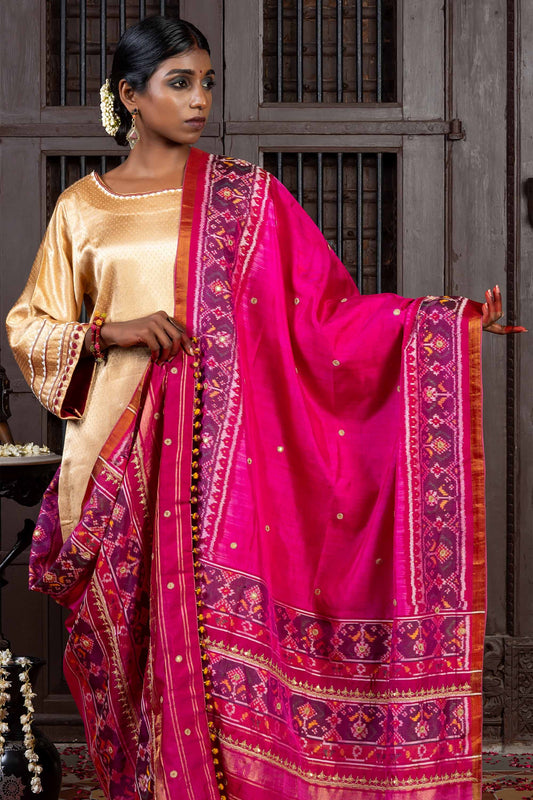 Handcrafted Pink Patola Silk Dupatta With Khat Embroidery